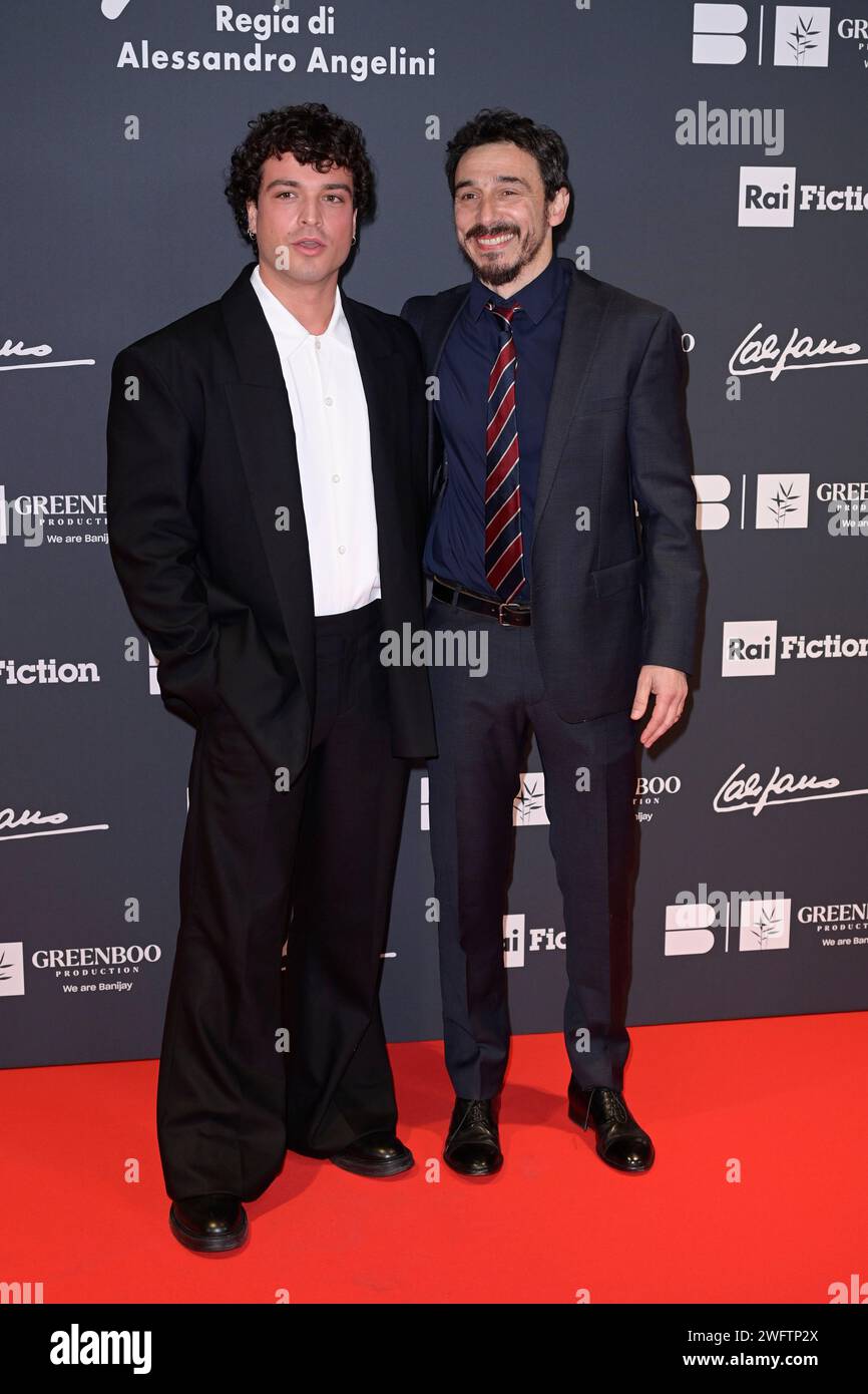 Rome, Italy. 31st Jan, 2024. Leo Gassmann (l) and Alessandro Angelini (r) attend at the red carpet of the Rai tv movie 'Califano' at The Space Cinema Moderno. Credit: SOPA Images Limited/Alamy Live News Stock Photo