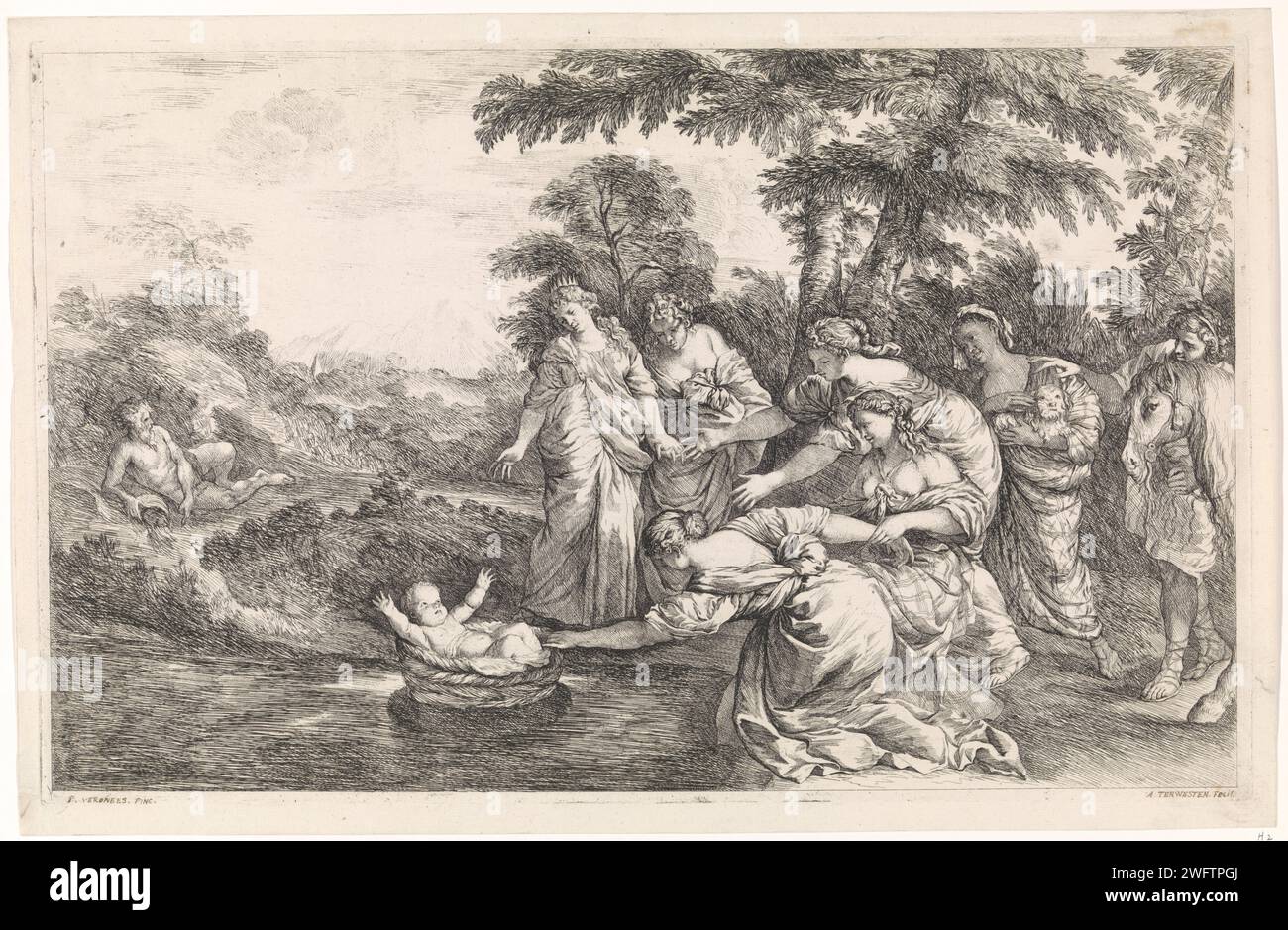 Moses is found by the daughter of Pharaoh, Augustine Terwest (I), After Paolo Veronese, 1672 - 1711 print Moses is found in a piping basket on the river by the daughter of Pharaoh, with crown on the head, and her maid. One of the women pulls the basket towards themselves. On the left the power god of the Nile. Rome paper etching the finding of Moses: Pharaoh's daughter comes to bathe with her maidens in the river and discovers the child floating on the water Stock Photo