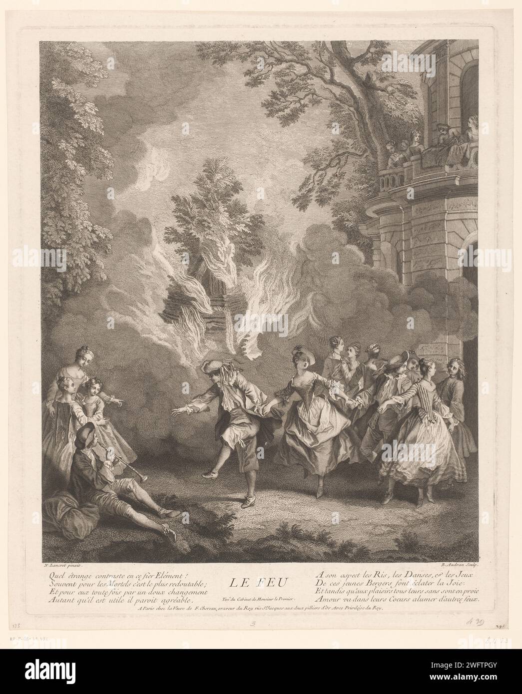 Vuur, Benoît Audran (II), After Nicolas Lancret, 1708 - 1755 print This print shows how love can light the fire in your heart. print maker: Francepublisher: Paris paper etching fire (one of the four elements). garden of Love, court of Love, 'fÃªte galante' Stock Photo