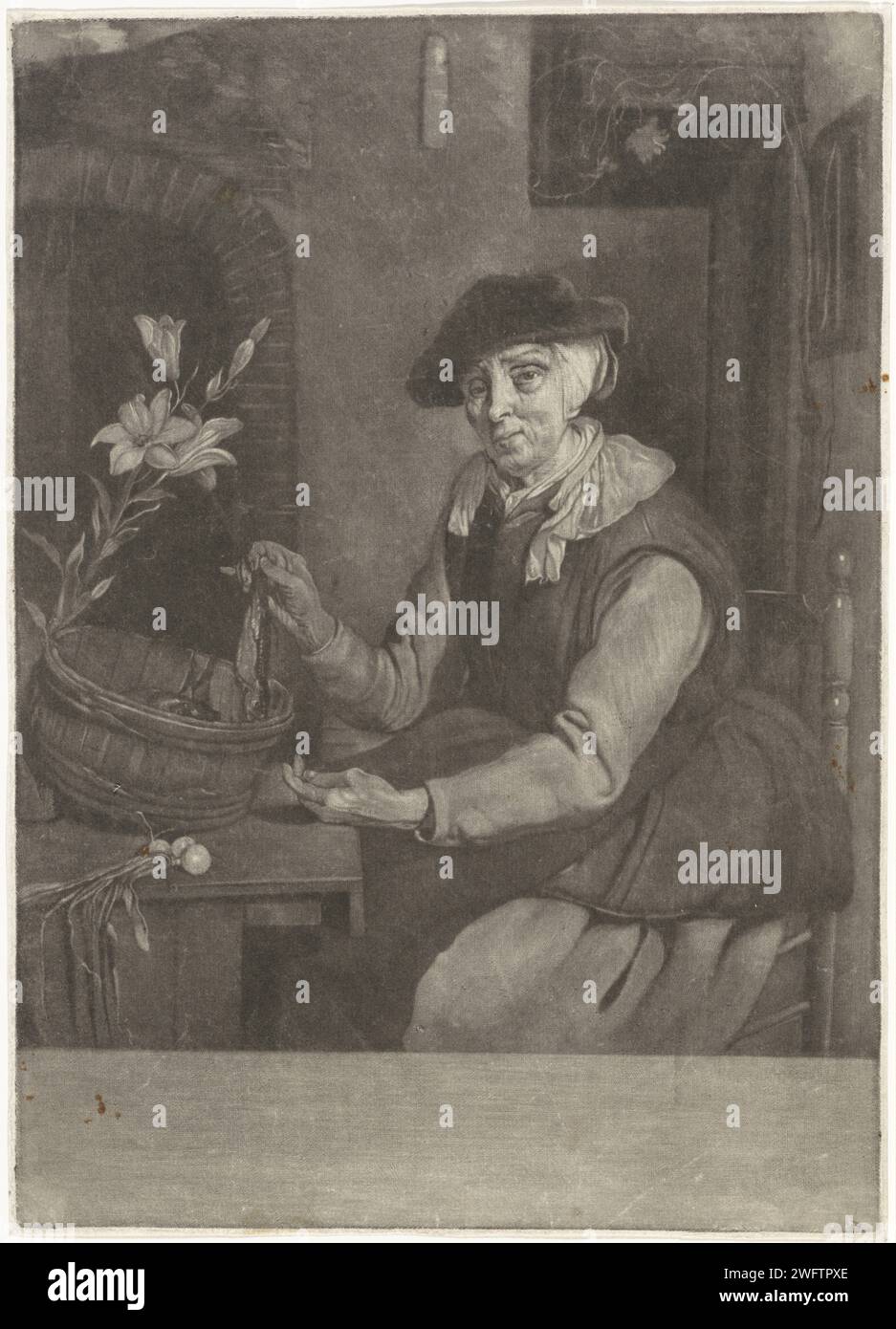 Old woman with a herring in hand, Dirk Koedijck, after Gabriël Metsu, 1731 print An old woman sits in the open air at a table and holds a herring in her hand. On the table is a wooden container with pegs and is a bunch of onions. Zaandam paper  bony fishes: herring. old woman. (non-fruit) products of plants or trees: onion. flowers: lily Stock Photo