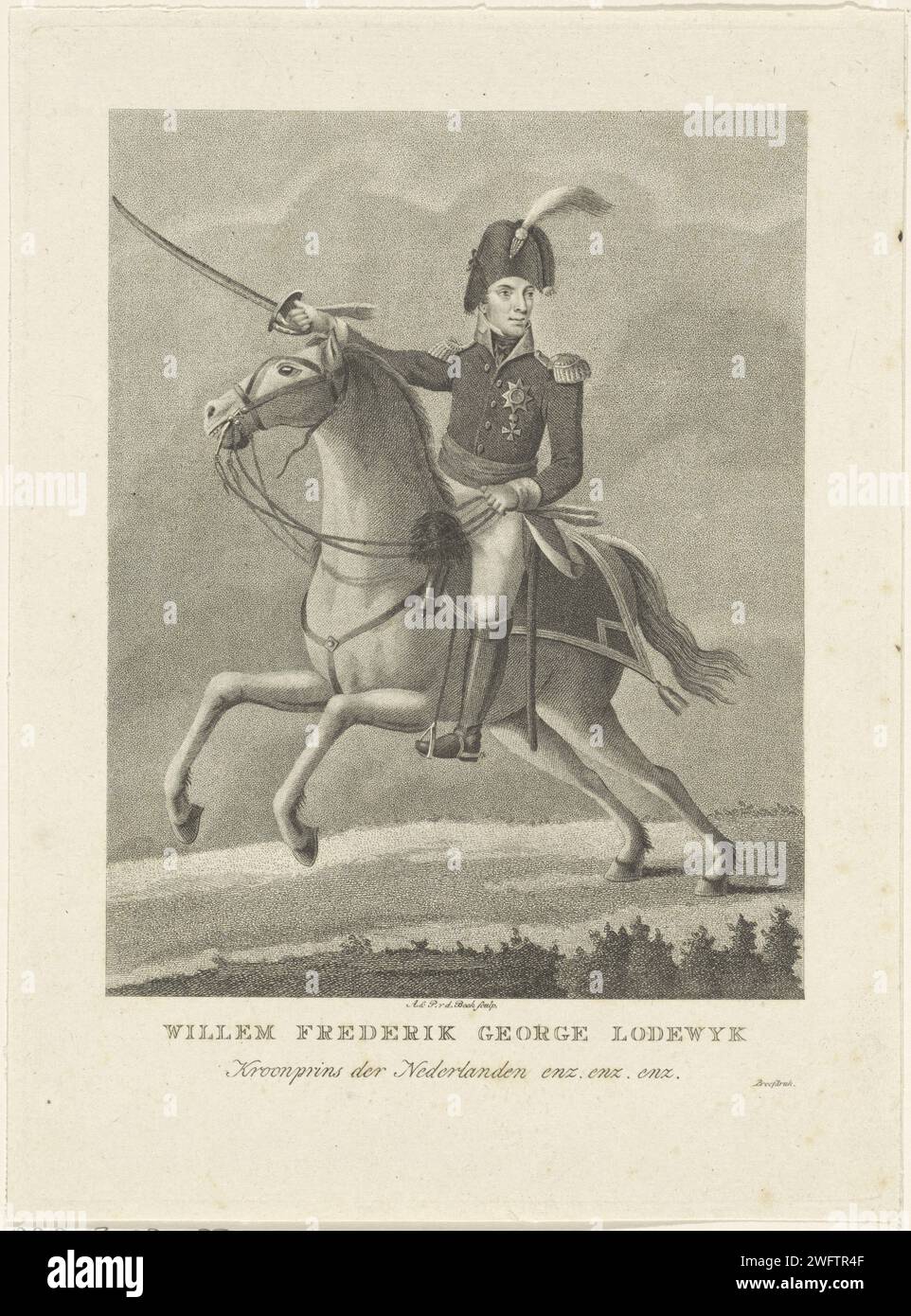 Equestrian portrait of Willem II, King of the Netherlands, Antonie and Pieter van der Beek, 1810 - 1821 print Equestrian portrait of Willem II. A saber in his right hand. There are name and titles in the lower margin. 'Proef pressure. Amsterdam paper engraving / etching Stock Photo