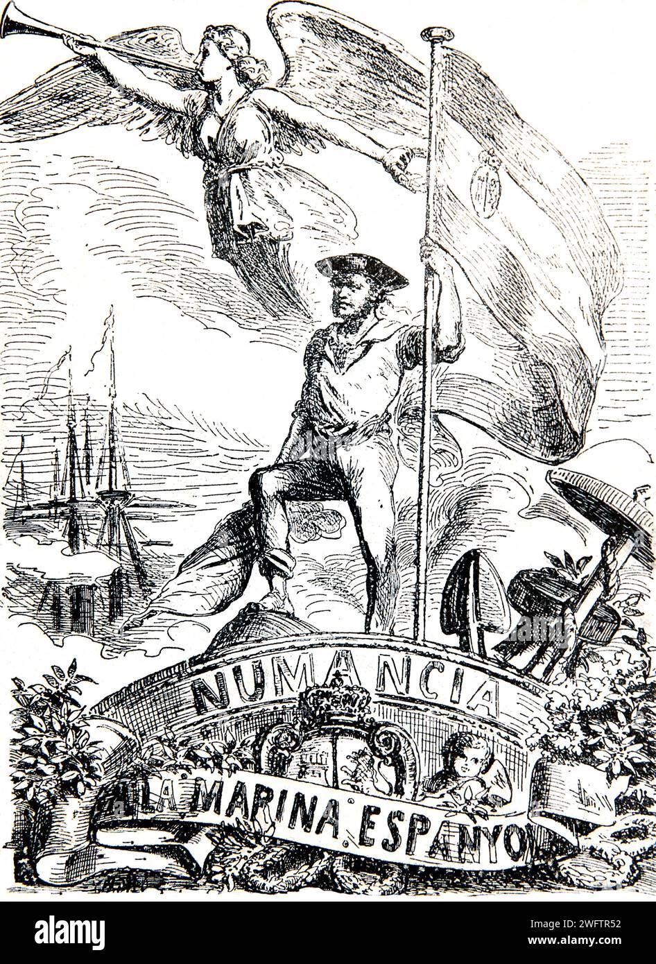 Spanish-South American War 1865-1866. Battle of Calao, Perú, 1866. Allegory to the Spanish victory with the Numancia ironclad. Engraving. Stock Photo