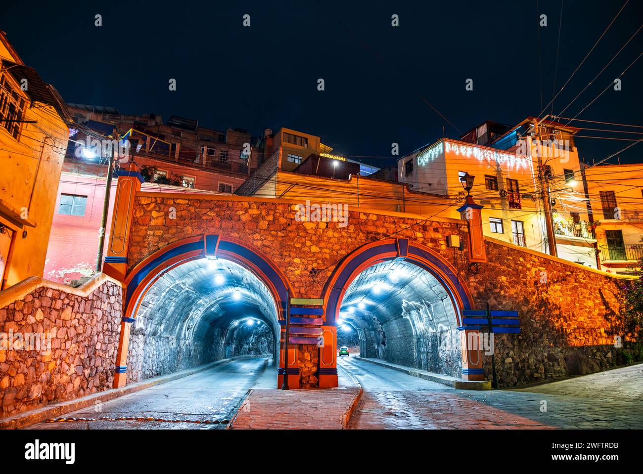 Tunnels under the city of Guanajuato in Mexico at night Stock Photo