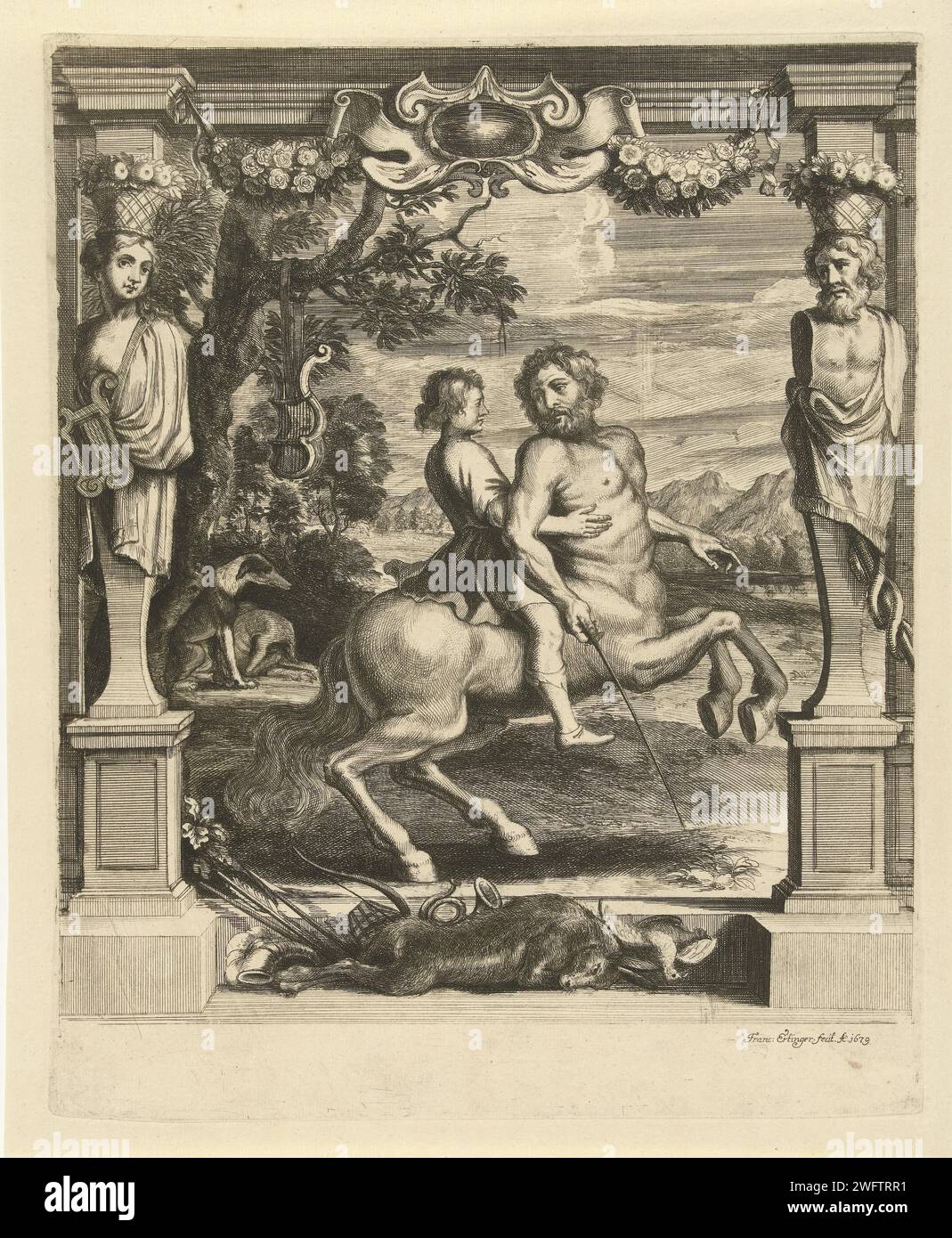 Achilles taught by Chiron, Franz Ertinger, After Peter Paul Rubens, 1679 print Achilles is sitting on the back of the Centaur Chiron. In the background dogs under a tree that hangs a winch. In the foreground a Caryatide and Atalant and shot game. Antwerp paper etching Thetis hands Achilles over to Chiron, the centaur Stock Photo