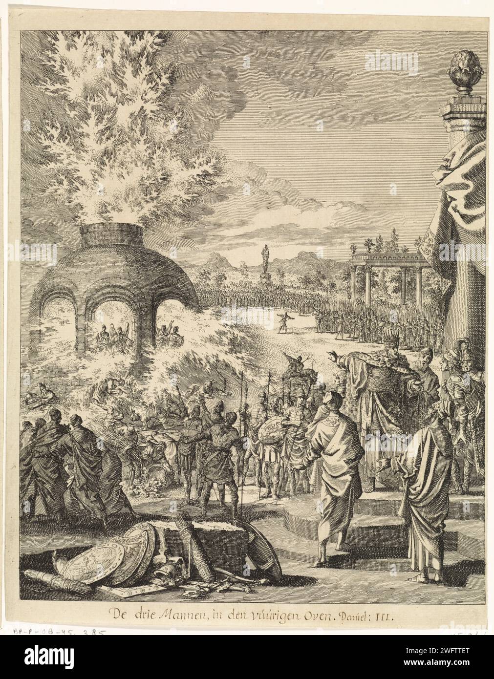 Nebuchadnezzar in wonder about the presence of three young people in the fiery oven, Jan Luyken, 1708 print  Amsterdam paper etching to his astonishment King Nebuchadnezzar sees four men (one of them usually represented as an angel) in the furnace; the king commands them to come forth Stock Photo