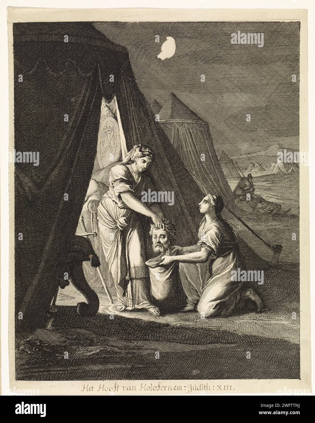 Judith puts the head of Holofernes in a bag, Caspar Luyken, 1708 print