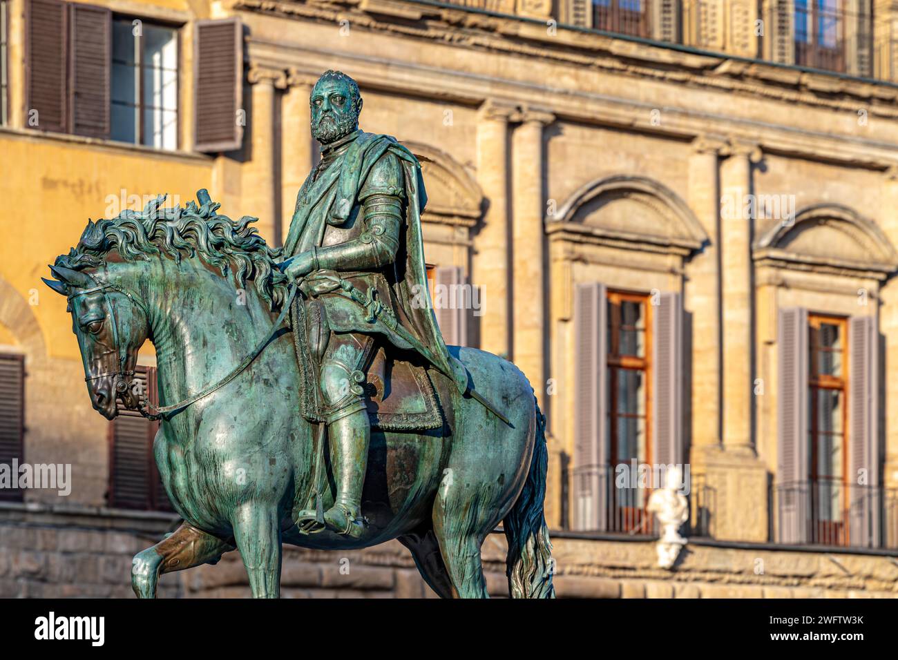 The Cosimo de Medici Equestrian Monument  a bronze equestrian statue by Giambologna erected in 1594 in the Piazza della Signoria in Florence, Italy Stock Photo