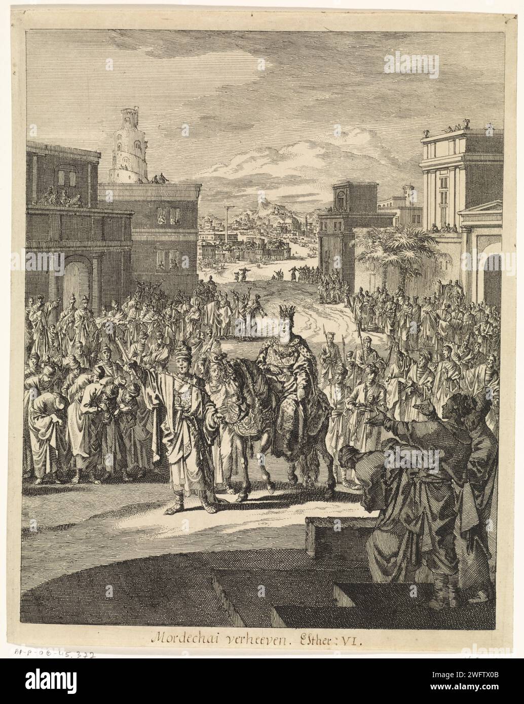 Triumph Van Mordechai, Jan Luyken, 1708 print  Amsterdam paper etching Mordecai's triumph: Mordecai, mounted on the king's horse, is led through the city by Haman (Esther and Ahasuerus may be looking on from the palace) Stock Photo