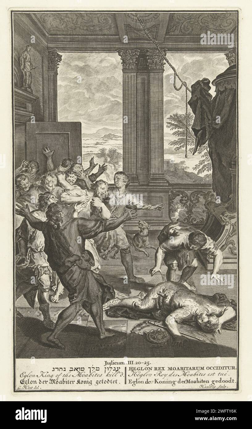 Eglon, The King of Moabiten is found dead, 1720 - 1728 print In an interior with classic columns and a glimpse on a wide landscape, Eglon, king of the Moabiten lies dead on the ground in a puddle of blood, his staff and headgear next to him. A number of men come through a door on the left, their hands are raised in despair. Under the show the name of the gospel and the verses, including the title of the performance in six languages. Northern Netherlands paper engraving Eglon is found dead Stock Photo