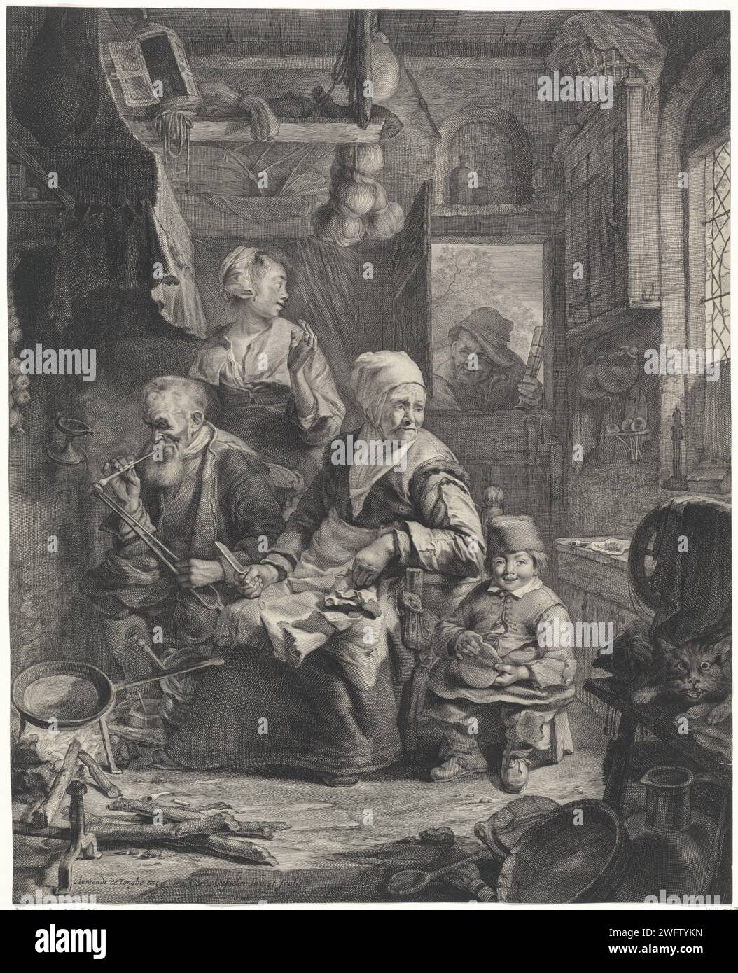 Pancake Bakster, Cornelis Visscher (II), 1638 - 1670 print In a kitchen an old woman is baking pancakes for a fire. The frying pan is on the fire. Next to her a man with a pipe and a child with a pancake. Behind the smoking man a young woman and a small child. In the doorway is an old man with a glass. On the right a cat. Print Maker: Haarlem Publisher: Amsterdam paper etching / engraving pancakes. kitchen-interior. cat. pipe  tobacco Stock Photo