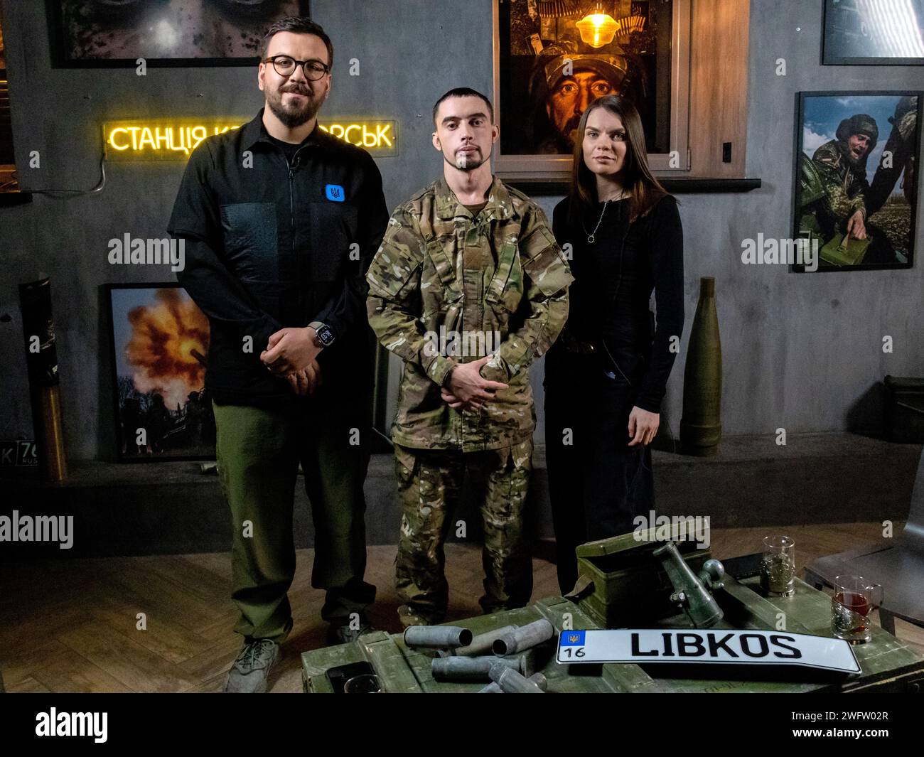 KYIV, UKRAINE - JANUARY 29, 2024 - Azovstal defender and Mariupol resident Illia Iliashenko, hosts Kostiantyn and Vlada Liberov (L to R) are seen after the recording of the program 'Kramatorsk Station', a joint project of Ukrinform and the Center for Countering Disinformation, Kyiv, capital of Ukraine. Stock Photo