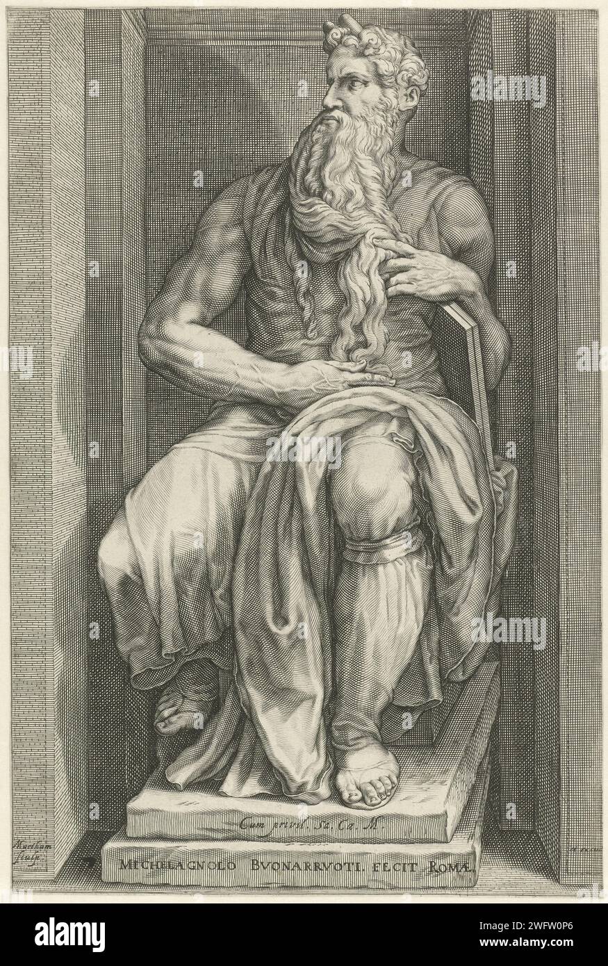 Seated Moses, Jacob Matham, After Michelangelo, 1601 - 1605 print Moses, sitting, with the ten command tables under his arm, to the sculpture of Michelangelo on the grave of Julius II in the Basilica San Pietro in Vincoli in Rome. Haarlem paper engraving Moses (not in biblical context); possible attributes: rays of light or horns on his head, rod, Tables of the Law. piece of sculpture, reproduction of a piece of sculpture San Pietro in Vincoli Stock Photo