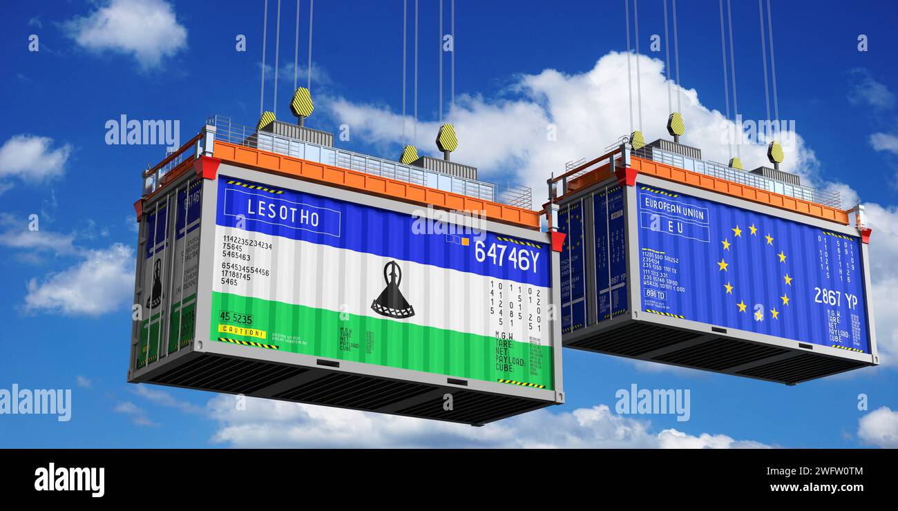 Shipping containers with flags of Lesotho and European Union - 3D