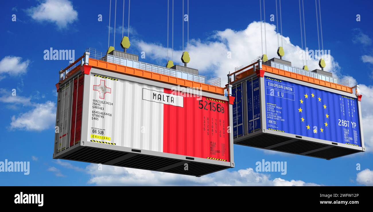 Shipping containers with flags of Malta and European Union 3D