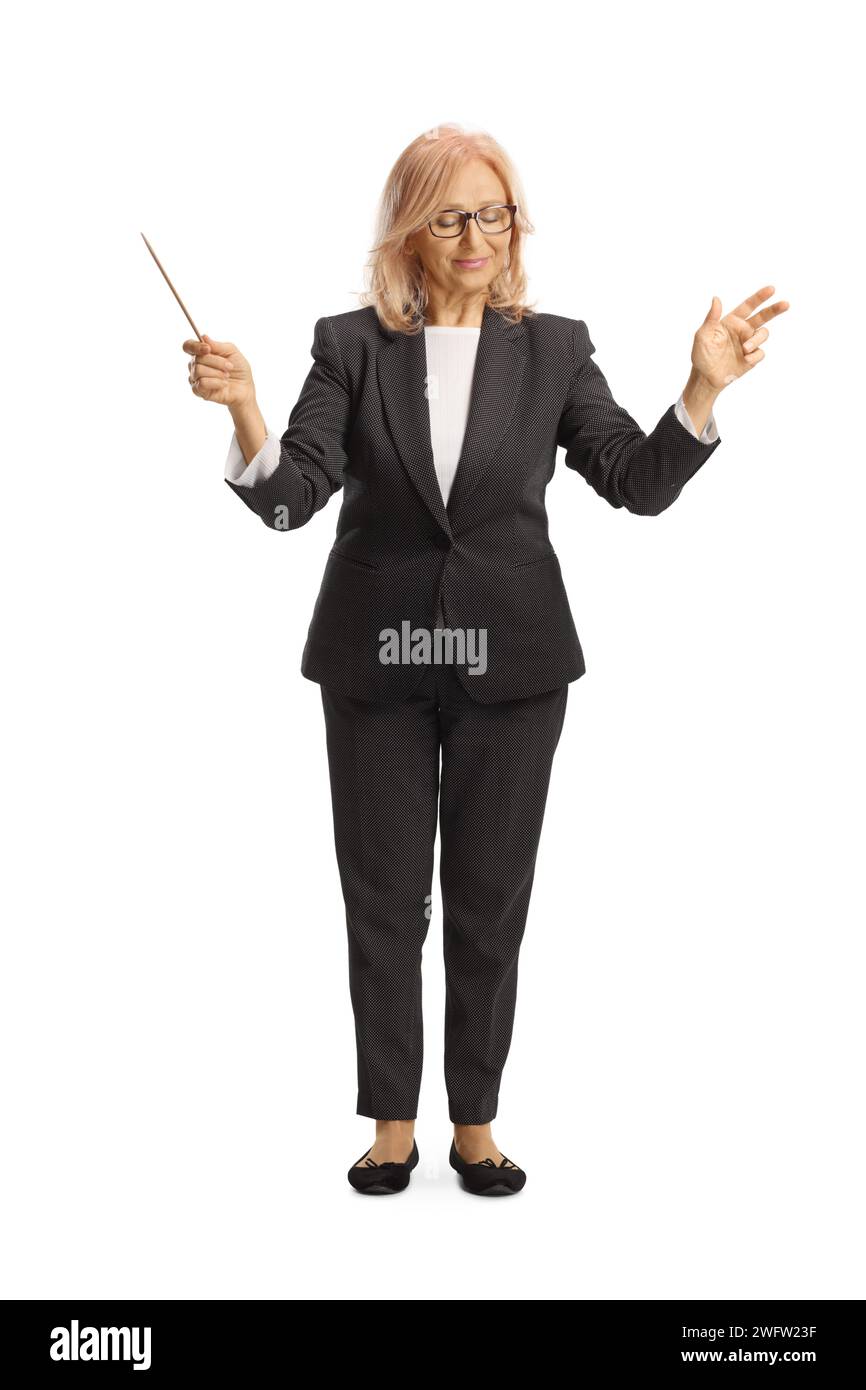 Female conductor leading and orchestra isolated on white background Stock Photo