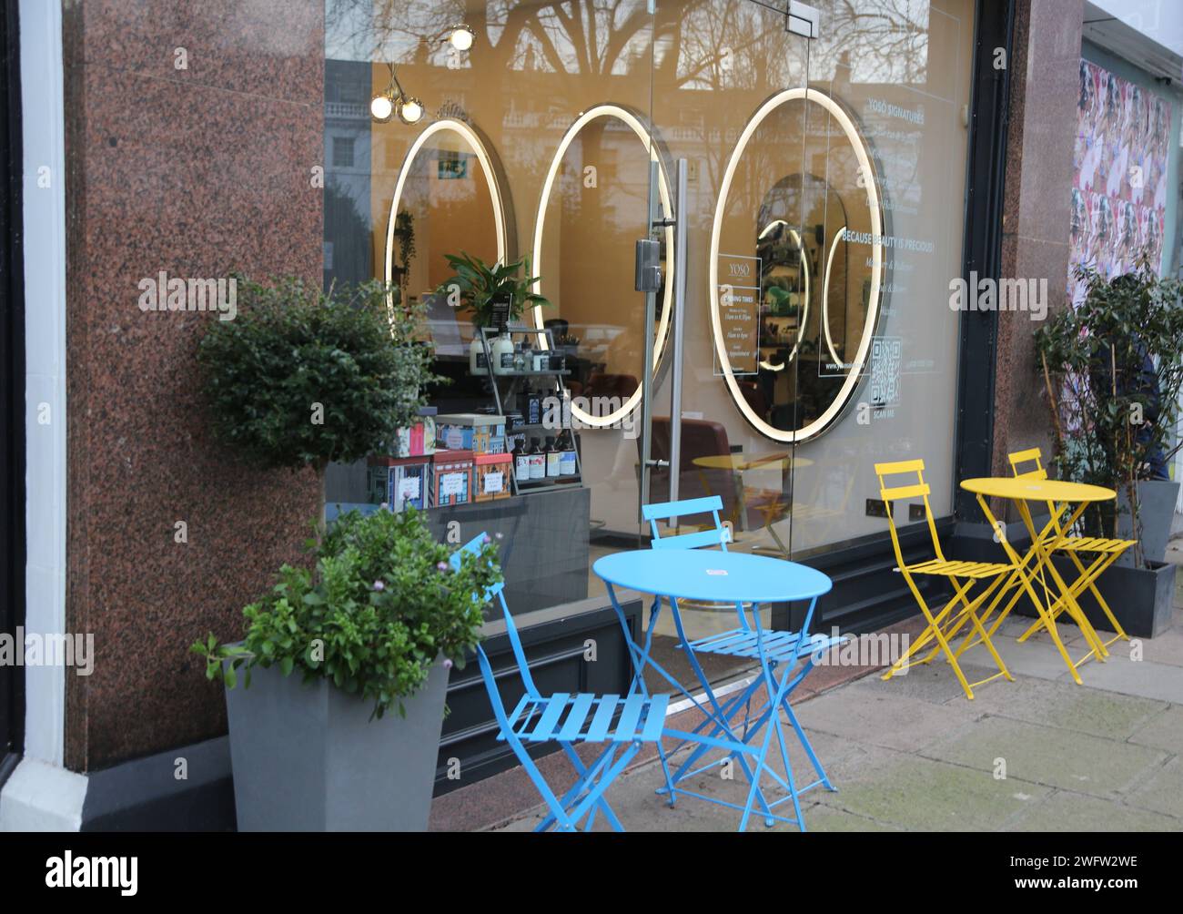 Foldable Table and Chairs Outside YOSO Salon Fulham Road London England Stock Photo