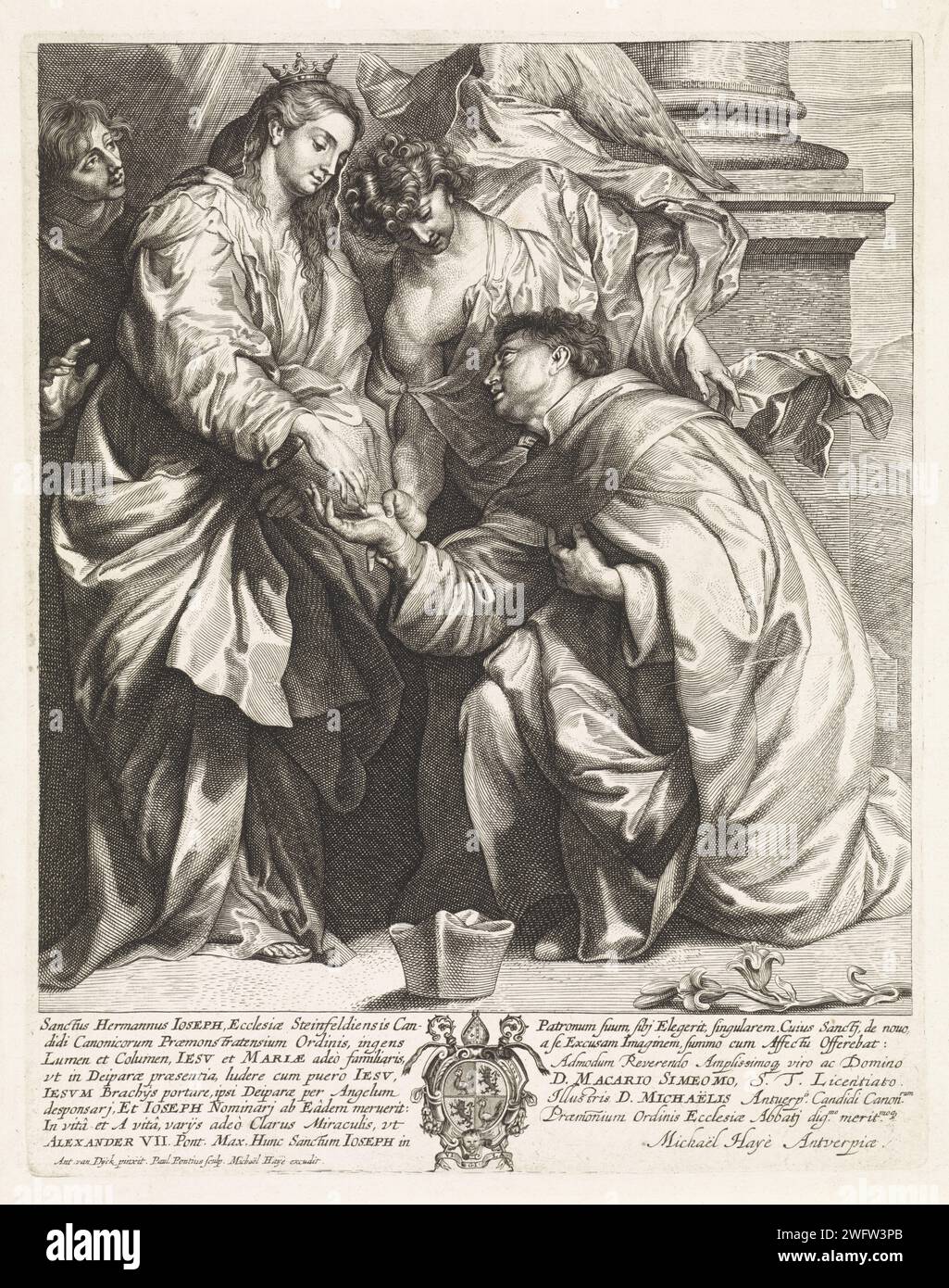 Visioen by H. Hermann Joseph (version B), Paulus Pontius, After Anthony Van Dyck, 1616 - 1657 print The crowned Virgin Mary appears on Saint Hermann Joseph van Steinfeld. She is flanked by two angels. In the foreground the Biretta of the Saint and his attribute de Roos. In the margin a coat of arms and a caption, in two columns, in Latin. Antwerp paper engraving appearances of Mary. the Praemonstratense friar Herman Joseph of Steinfeld; possible attributes of St. Herman Joseph: book, branch of roses, cup (with roses), infant Christ, key, knife. head-gear. armorial bearing, heraldry Stock Photo