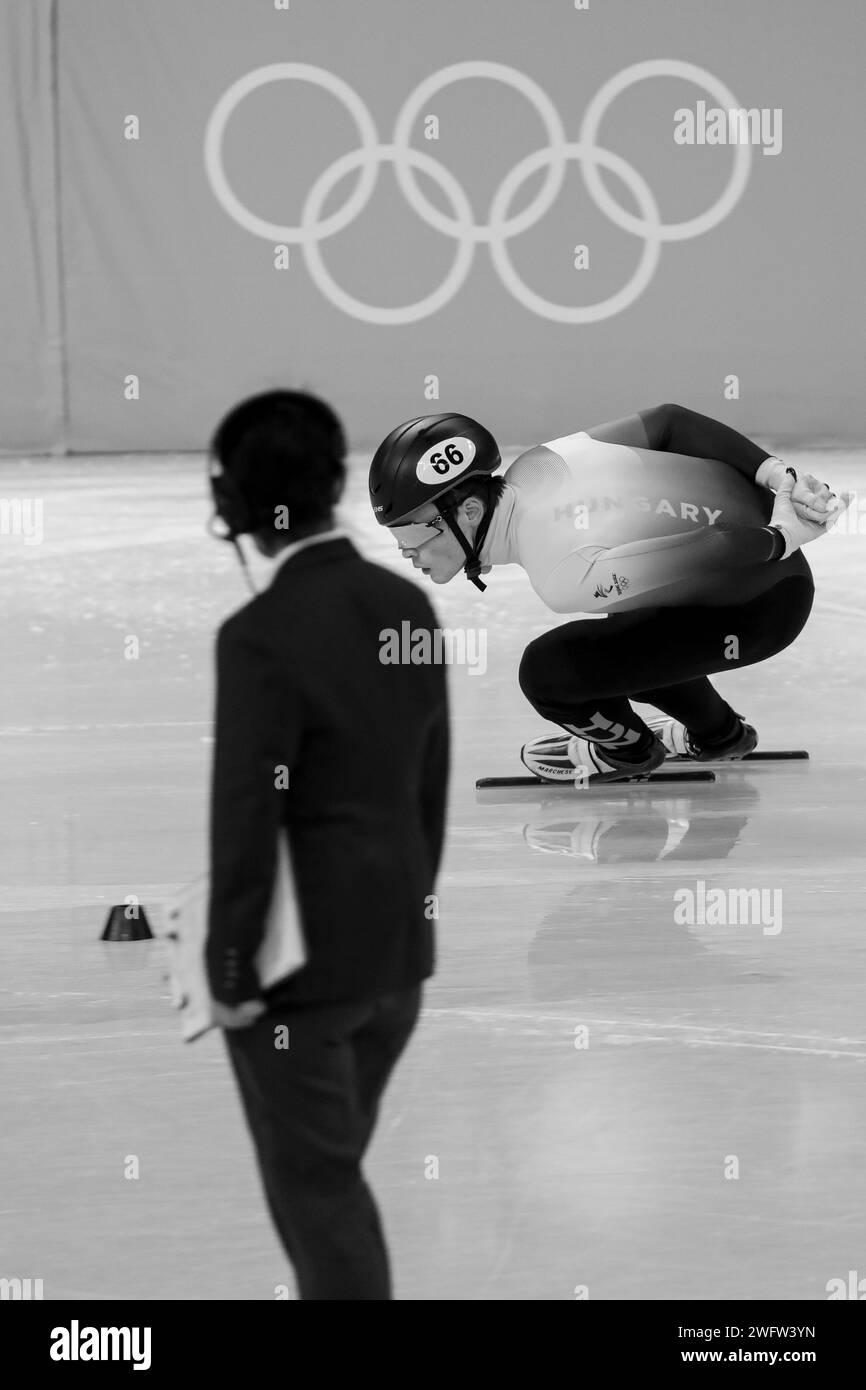 FEB 5, 2022 - Beijing, China: John-Henry KRUEGER of Team Hungary #66 in Heat 6 of the Men's 1000m Short Track Speed Skating at the Beijing 2022 Winter Stock Photo