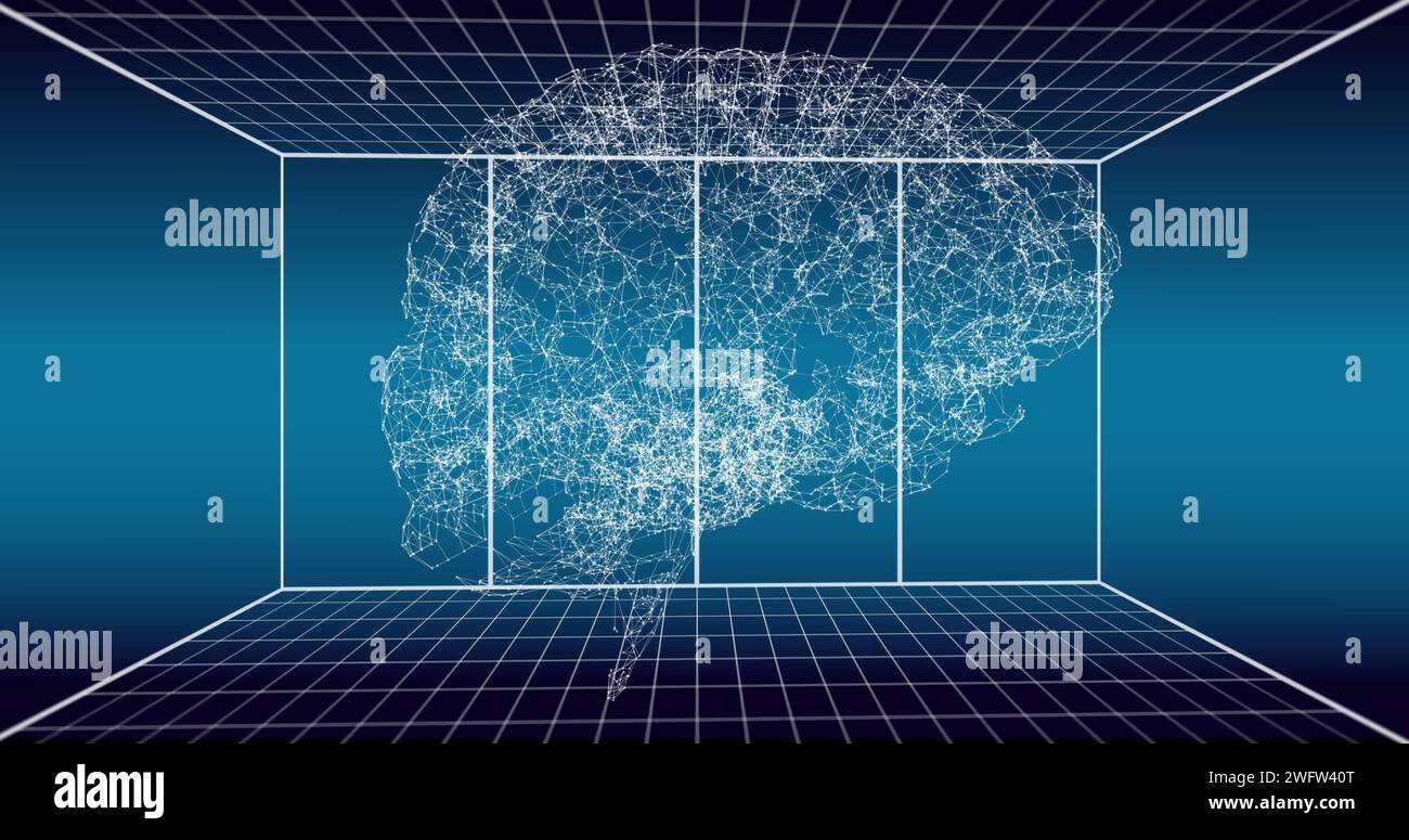 A digital brain concept represents artificial intelligence, set against a grid background Stock Photo