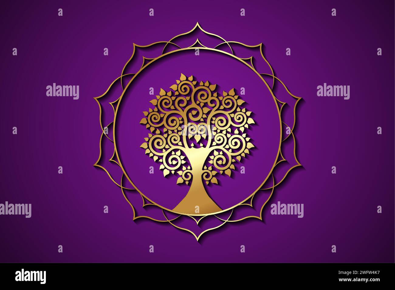 Gold Tree of Life on Sacred lotus frame border logo template. Buddhism