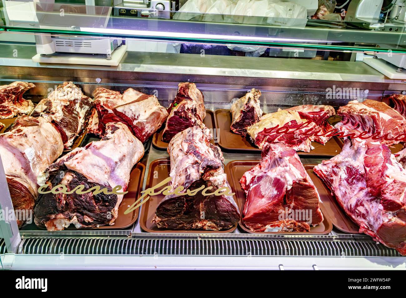 Florentine steak on sale at  Florence Mercato Centrale , a busy popular fresh food and produce market in Florence Italy Stock Photo