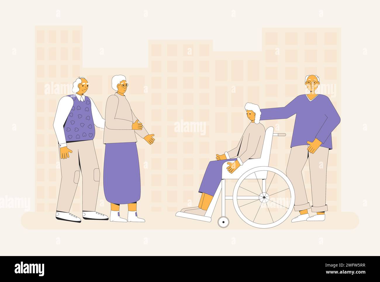 Elderly couples conversation. World senior citizens day. Older adult people standing together and communicating. Four elders men and women talk in the Stock Vector
