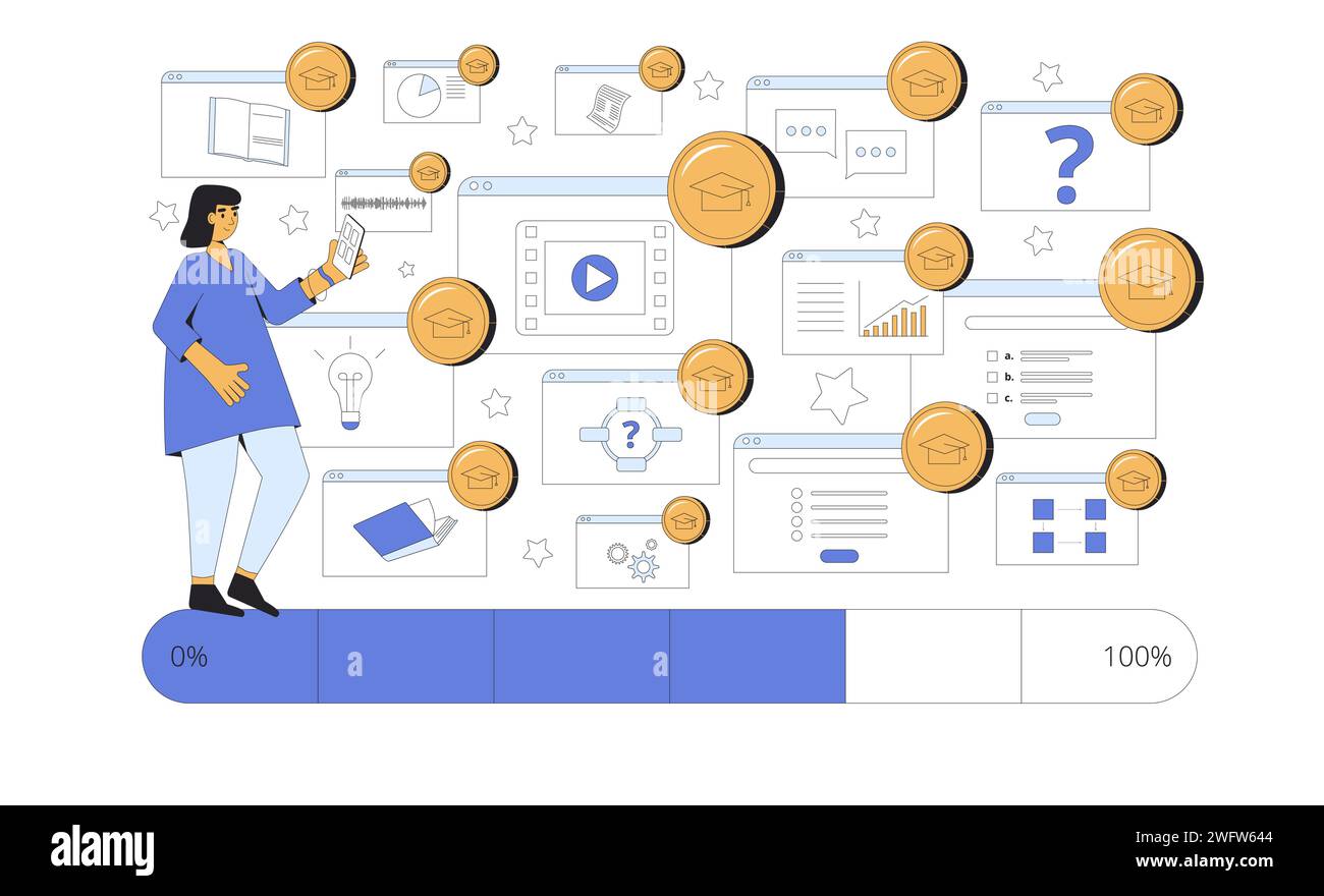 Gamification in education. Collect coins to achieve the learning outcomes Vector illustration. Stock Vector