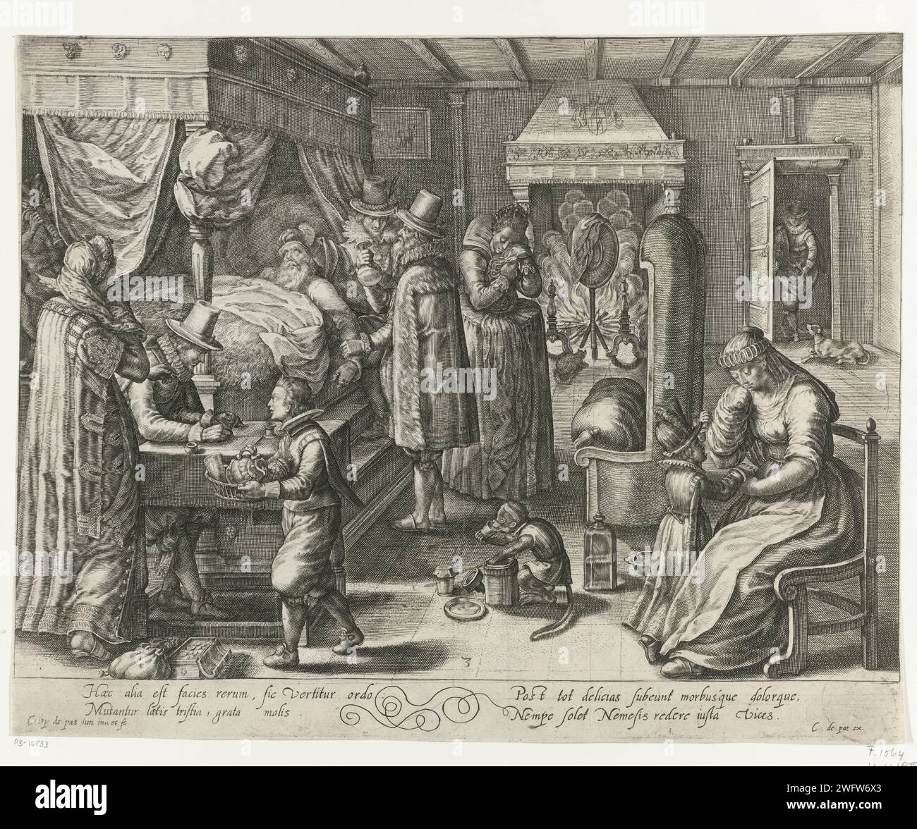 The death of the rich man, Crispijn van de Passe (II), 1604 - in or before 1637 print The rich man is on his deathbed. A piskijker is at his bed. Family and friends mourn the dead. A devil is at his bed to take the soul of the rich man to hell. In the foreground a secretary who divided the household effects. Print from a series of four with the parable of the rich man and the poor Lazarus. North Netherlands paper engraving the rich man (Dives) is feasting, while poor Lazarus is starving at the gate (dogs licking Lazarus' sores) (Luke 16:19-31). bedroom. bed with tester. clothes, costume (+ men Stock Photo