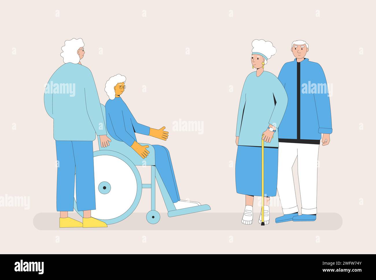 Elderly couples conversation. World senior citizens day. Older adult people communication. Four men and women talk in the street. Happy retirement car Stock Vector