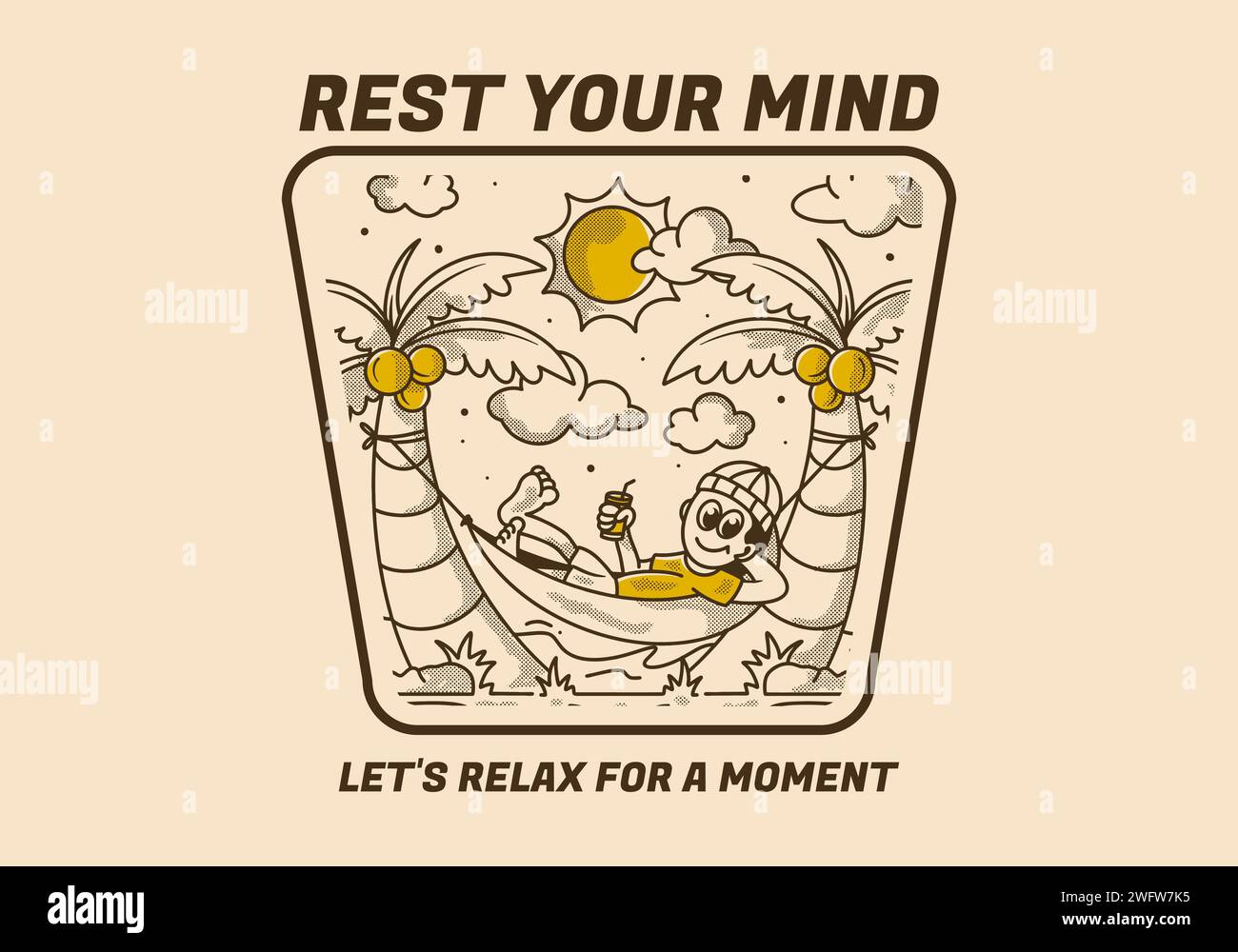 Rest your mind, let's relax for a moment. Retro illustration of a guy hanging on the hammock Stock Vector