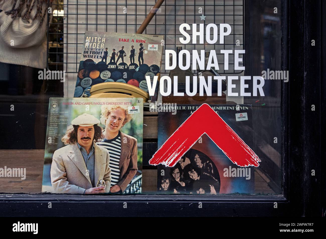 Vinyl LPs in the window of a Shelter charity shop n Newington