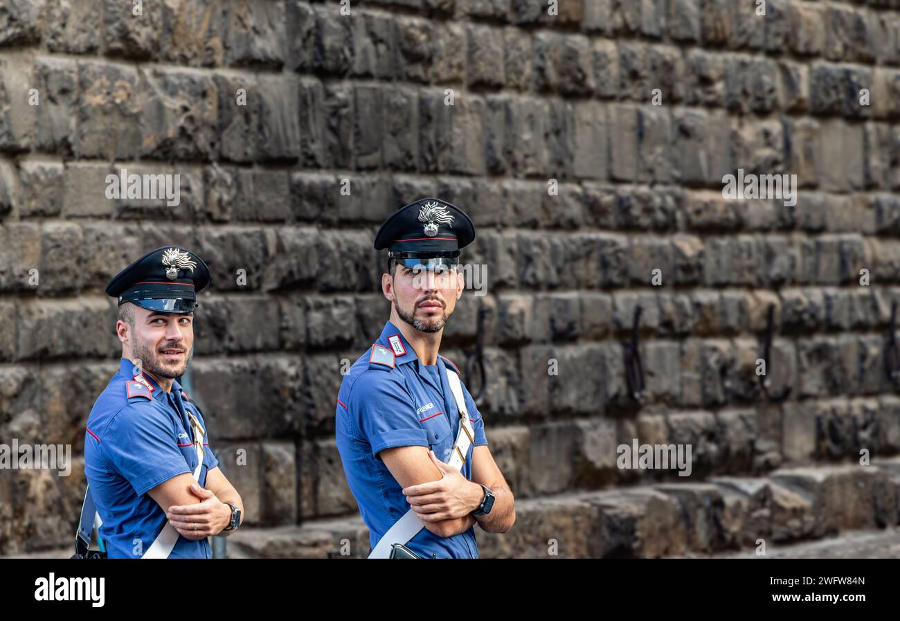 Two Italian Carabinieri officers on duty outdoors in Florence, Italy. Stock Photo
