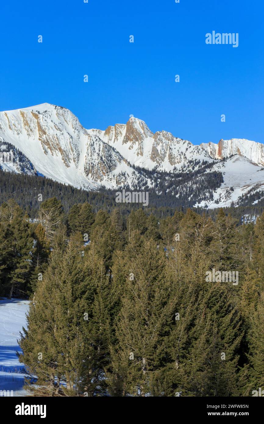 peaks of the bridger range in winter near bozeman, montana Stock Photo