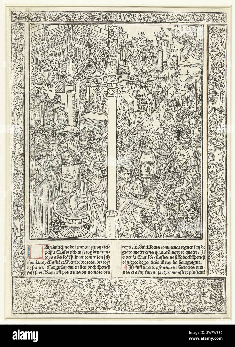 The baptism of Clovis I and the Battle of Tolbiac, Anonymous, 1488 - 1538 print Scenes from the life of King Clovis I. At the bottom right Clovis on horseback during the Battle of Tolbiac, at the top right Clovis who promises to convert to his wife Clothilde to Christianity and two scenes from the legend of the French Lily (Fleur-de-Lis) , top left clovis for the altar, bottom left the baptism of Clovis by Remigius. Under the show two columns of text in French, around the performance ornamental edges. Printed from multiple blocks. France paper pen St. Remigius baptizes Clovis, king of the Fran Stock Photo