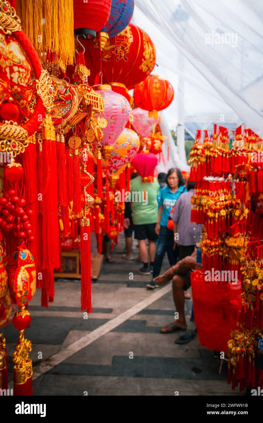 Shop selling Chinese new year decoration in traditional market Stock
