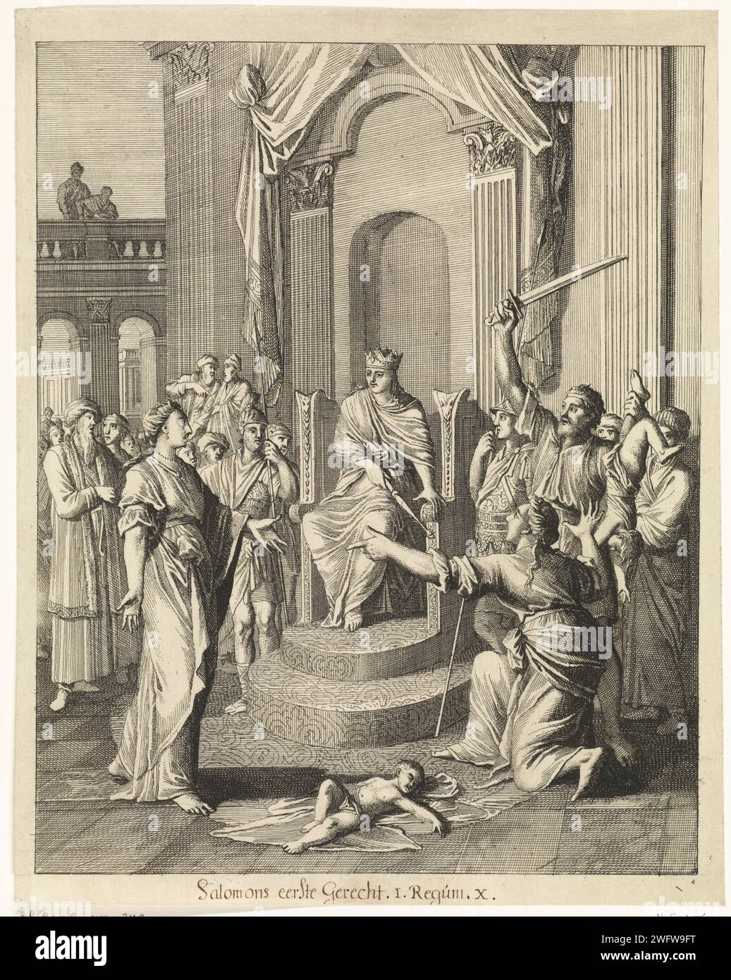 Judgment of Solomon, Caspar Luyken, 1708 print  Nuremberg paper etching the judgement of Solomon (1 Kings 3:16-28) Stock Photo