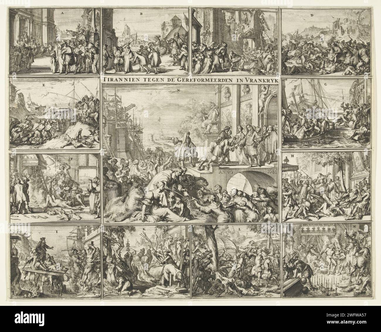 Persecution of the Protestants in France after the revocation of the Edict van Nantes, 1685-1686, Romeyn de Hooghe, 1686 print Persecution of the Protestants in France after the revocation of the Edict van Nantes, 1685-1686. Twelve small scenes illustrate the persecution of and the atrocities of the Huguenots in France. In the central large performance, the States and the Prince of Orange receive the French refugees in the Netherlands. The performances are numbered A-N. The explanatory texts are missing. Netherlands paper etching execution of heretic, e.g. by burning at the stake, 'auto-da-fé' Stock Photo