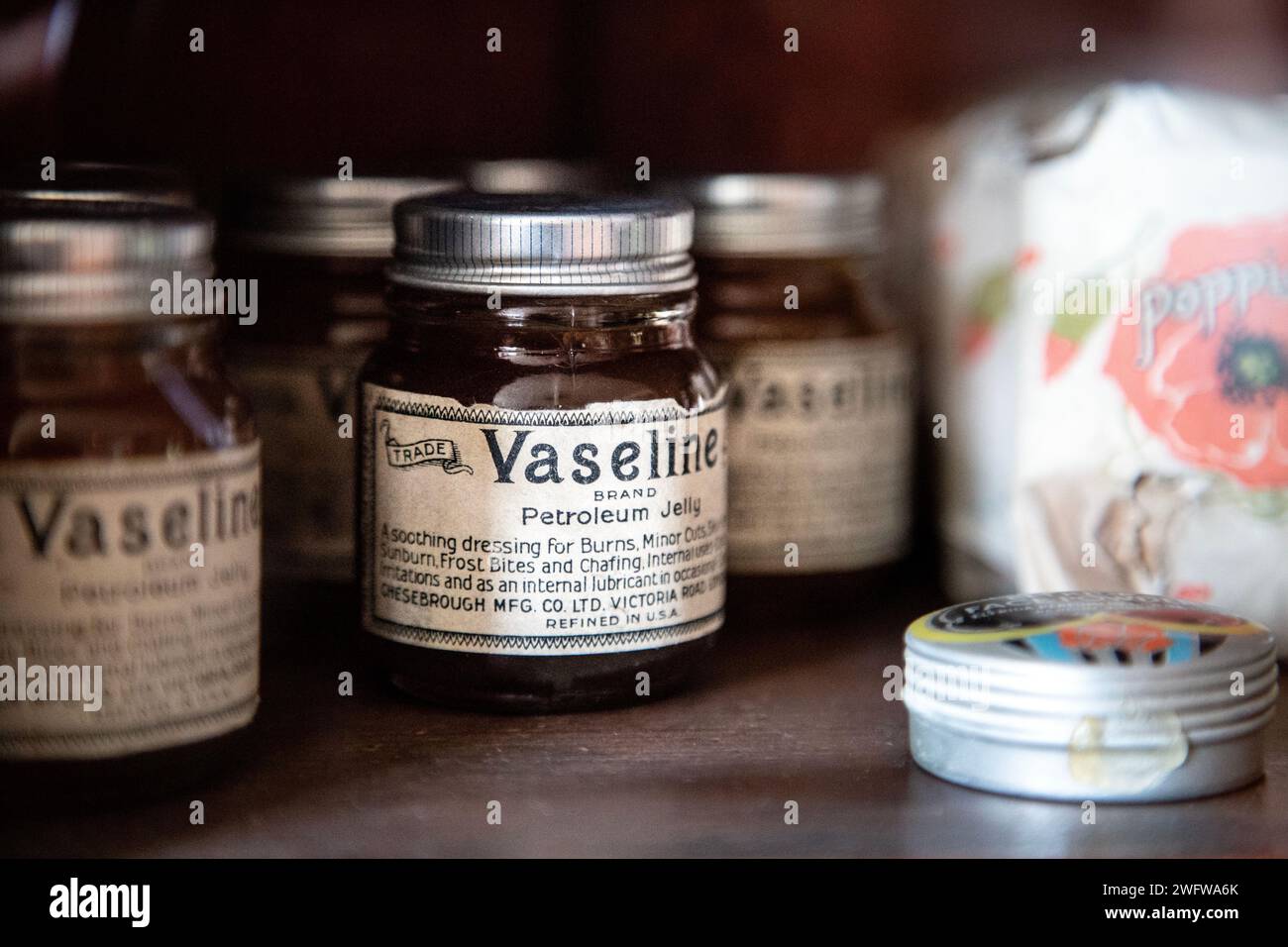 Jars of vaseline at an old-fashioned Victorian chemists (Emile Doos Chemist Shop, Black Country Living Museum, Dudley, UK) Stock Photo
