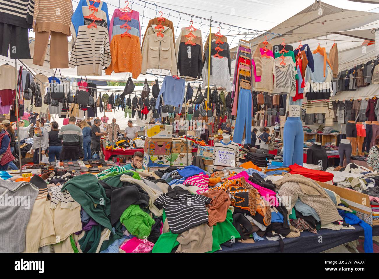 Istanbul, Turkey - October 21, 2023: Clothing Garment Fashion Market Stalls at Top of Multistory Car Park Garage Besiktas. Stock Photo