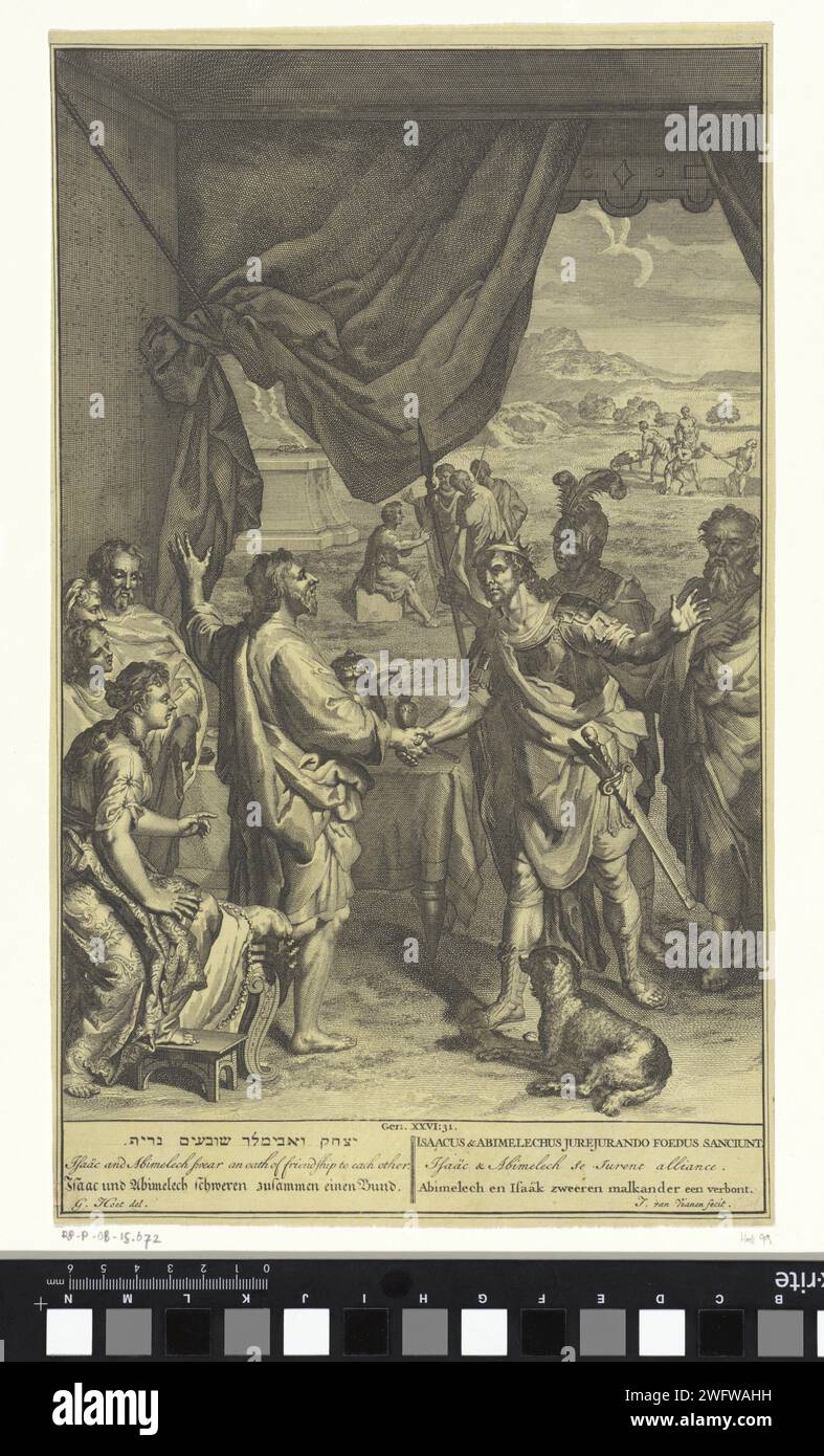 Abimelech and Isaac swear each other an oath, Jan van Vianen, after Gerard Hoet (I), 1720 - 1728 print Abimelech and Isaac swear each other the oath to do not hurt each other. Illustration of the Bible text Gen. 26: 31. Under the show the title in Hebrew, English, German, Latin, French and Dutch. publisher: Amsterdampublisher: The Hague paper etching / engraving the treaty with Abimelech, who has come to Beersheba with Phichol and Ahuzzath Stock Photo