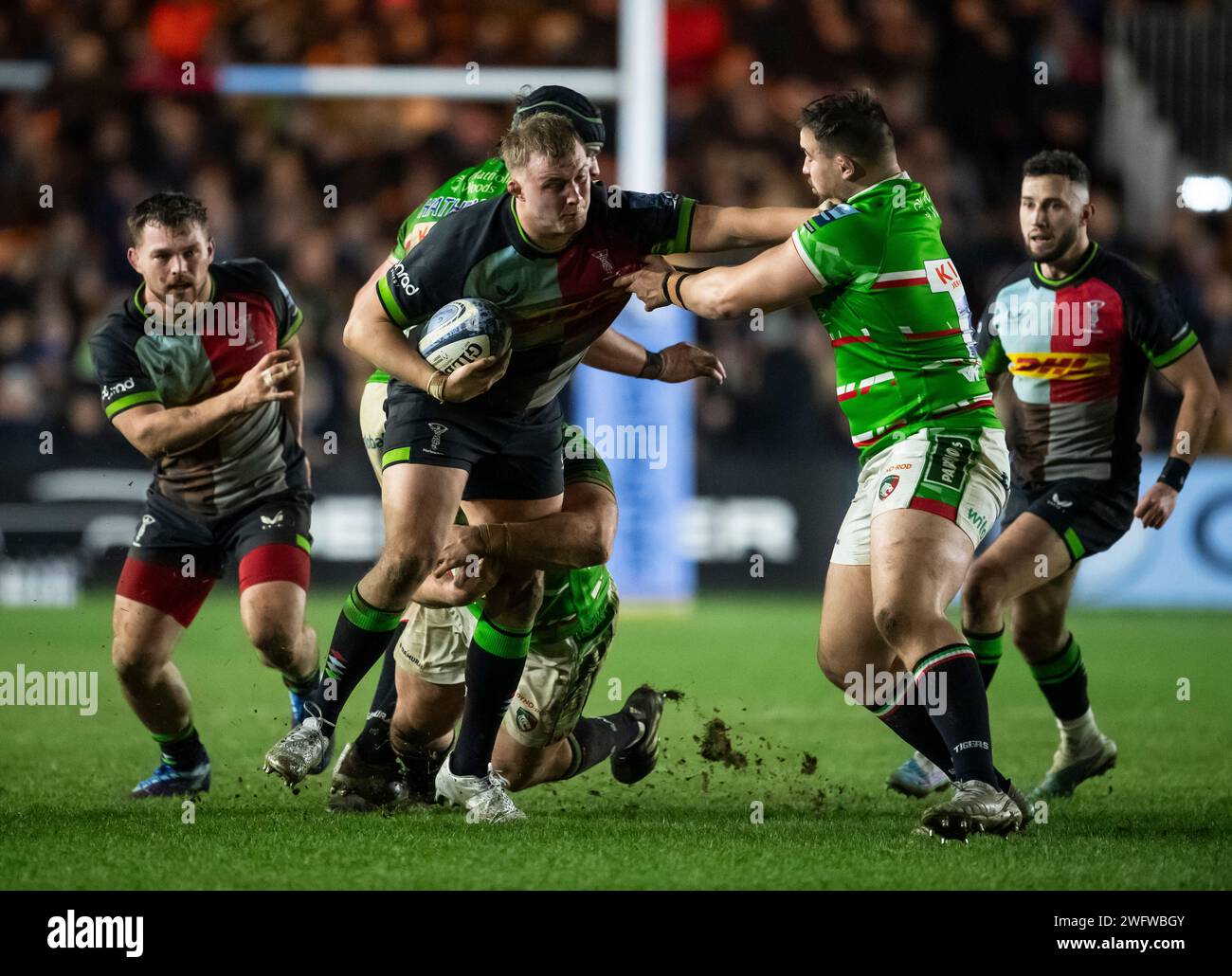 Harlequins Alex Dombrandt and Leicester Tigers Francois van Wyk in