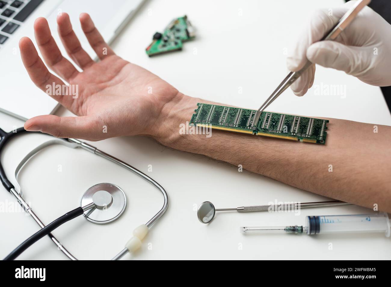 Hand with implantation of micro chip. X-Ray view close-up. Chipization of people, control population Stock Photo