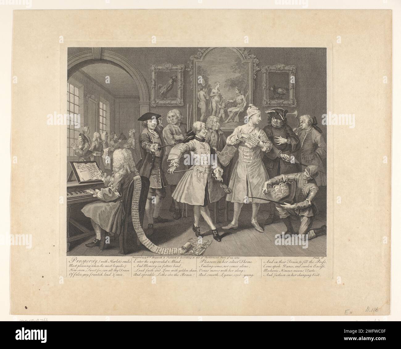 Tom Rakewell surrounded by people in the morning, William Hogarth, 1735 print Text in English in the lower margin. Tom is surrounded by men dressed in expensive costumes that offer their services: a musician on a harpsichord, possibly George Frederik Händel, a fencer, possibly Dubois, a Quarterstaff instructor, possibly James Figg, a dance master with violin, possibly John Essex, a Gardener, possibly Charles Bridgeman, an ex-soldier who offers himself as a bodyguard and a hunting horn blower from a fox hunting club. At the bottom right a jockey squat with a trophy stating that he has won the E Stock Photo