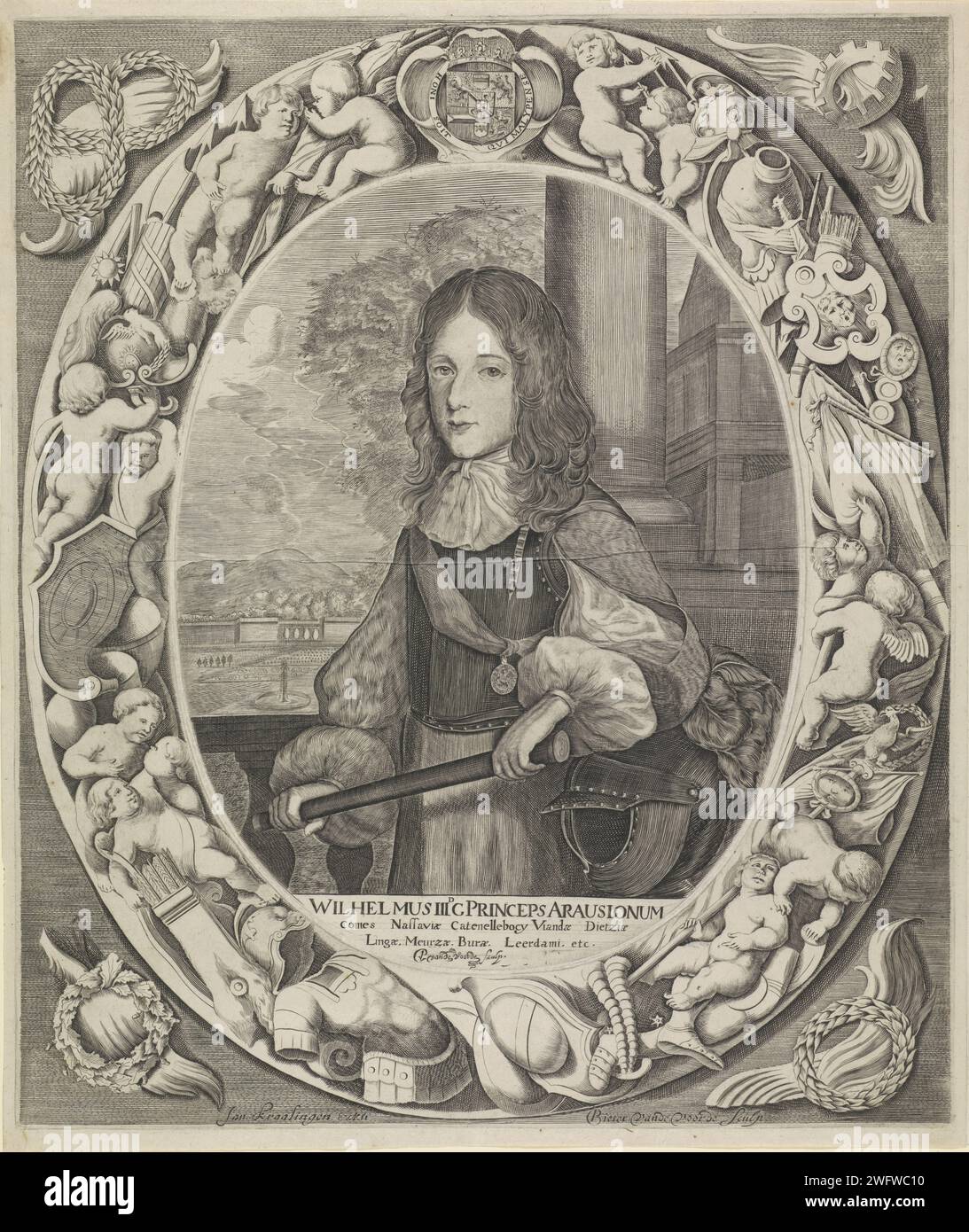 Portrait of Willem III, Prince of Orange, Peter van Voorde, after Pieter Philippe, after Abraham Ragueneau, after Pieter Claesz. Soutman, c. 1665 - c. 1670 print Portrait of Willem III. He leans on a helmet. A commandostaf in his hands. A garden in the background. In a frame are name and titles. Entirely in a separate engraved vertamated oval list of putti and weapon. In the middle of his weapon with a crown, decorated with the garter and the motto of the order of the garter. print maker: Amsterdampublisher: Low Countries paper engraving / etching knighthood order (GARTER) - insignia of a knig Stock Photo