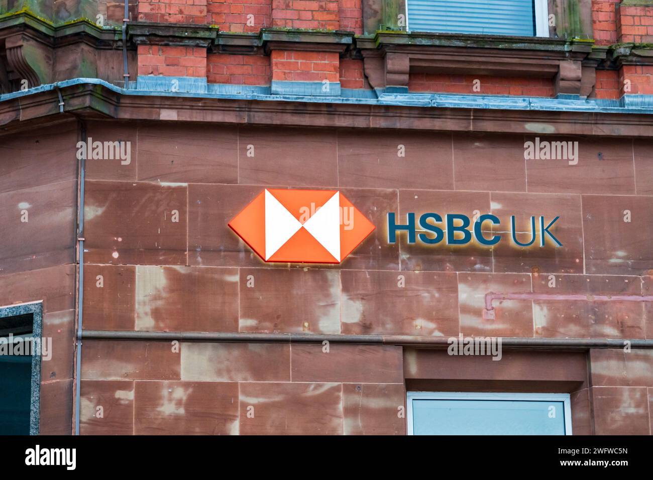 Wolverhampton, England – January 31 2024: Front signage of the High Street Bank, HSBC Stock Photo