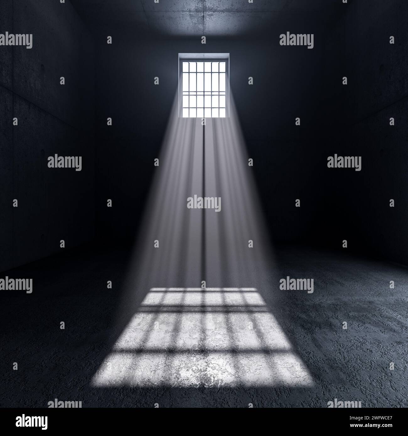 inside a prison, light coming from a window with bars. 3d render Stock Photo