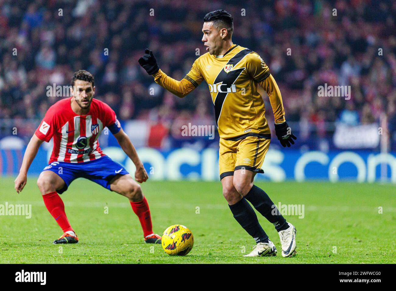 Madrid, Spain. 31st Jan, 2024. Madrid, Spain Radamel Falcao of Rayo Vallecano (R) controls the ball during the La Liga football match between Atletico Madrid and Rayo Vallecano at The Metropolitan Stadium in Madrid, Spain. (Photo by Maria de Gracia Jimenez/SPP) (Maria de Gracia Jimenez/SPP) Credit: SPP Sport Press Photo. /Alamy Live News Stock Photo