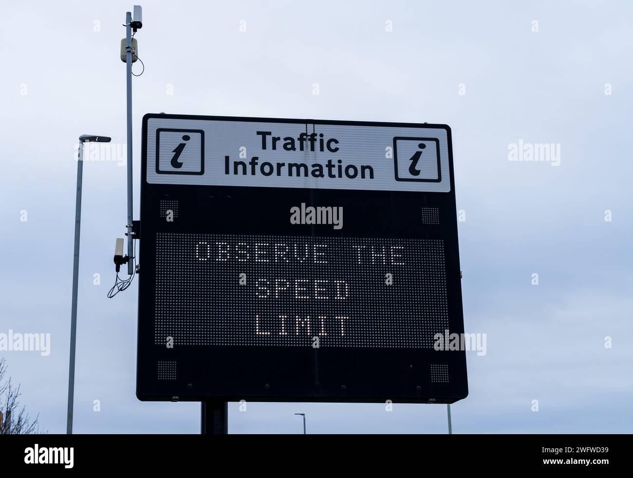 UK Traffic sign informing drivers to observe the speed limit Stock Photo