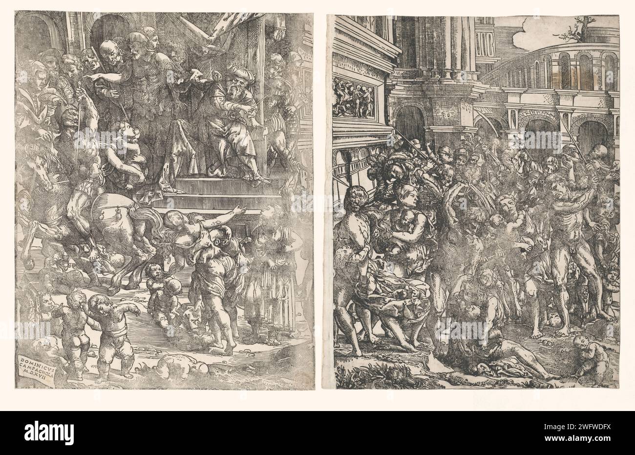 Children's murder in Bethlehem, Domenico Campagnola, 1517 print  Italy paper  the massacre of the innocents Stock Photo