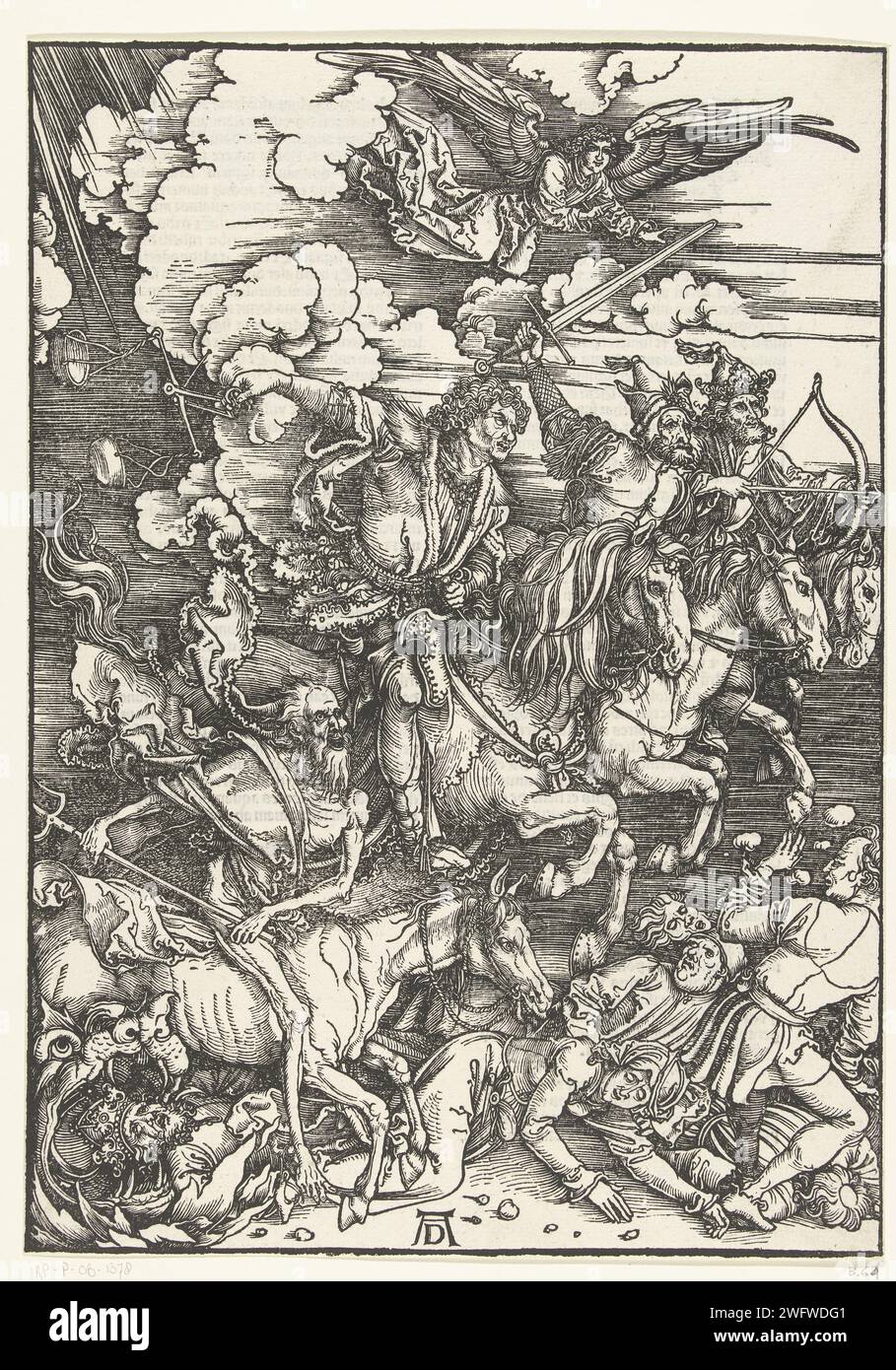The four riders of the Apocalypse, Albrecht Dürer, 1511 print Four men on horseback, armed with a arrow and arch, a sword, a scale and a criek, people walk under their foot. On Versozijde Latin Bible text in Gothic script in two columns. Nuremberg paper letterpress printing the four horsemen of the Apocalypse Stock Photo